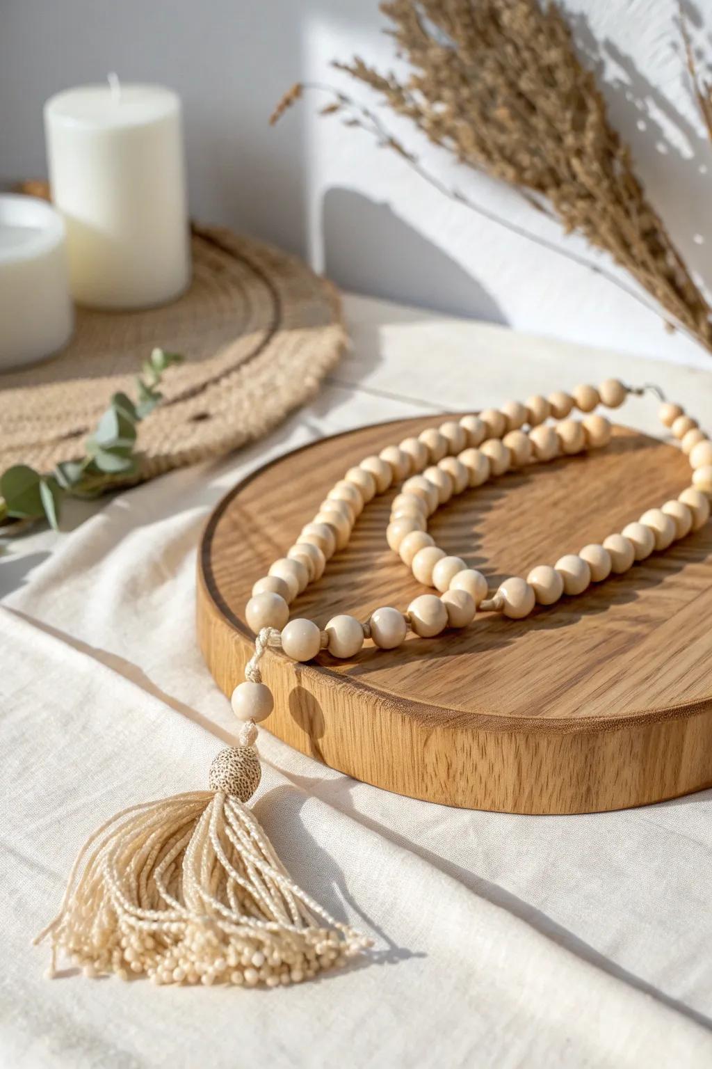 Soften a wood riser display with a draped wood bead garland for cozy, clutter-free texture.