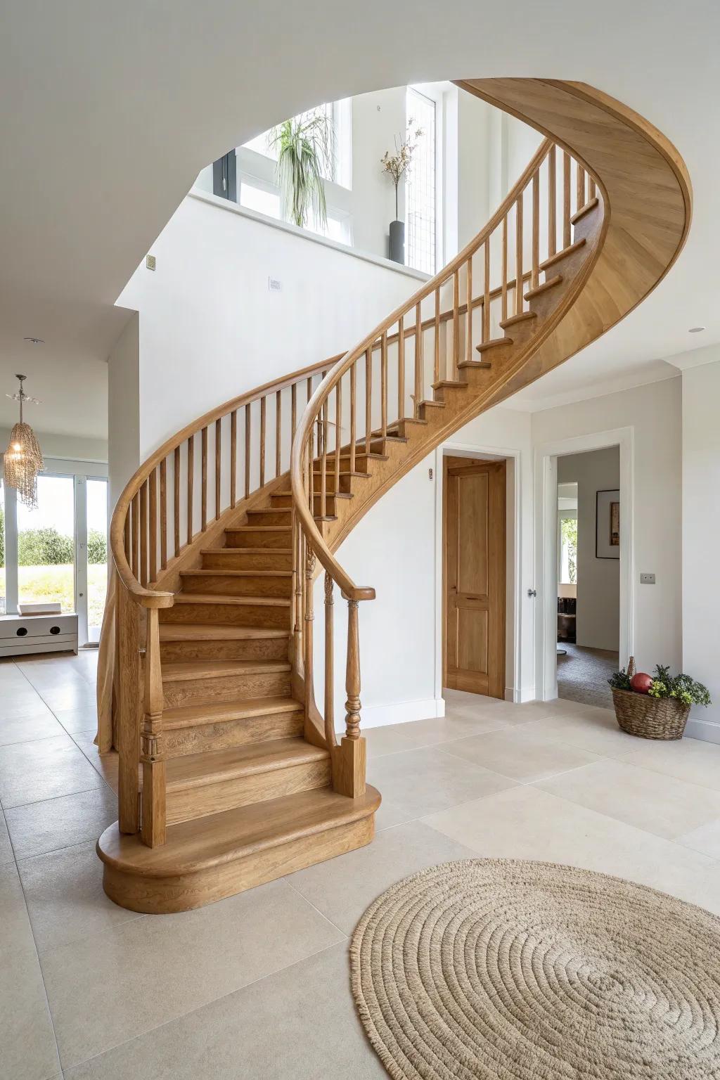 A curved oak staircase with a seamless statement rail—soft, sculptural, and timeless.