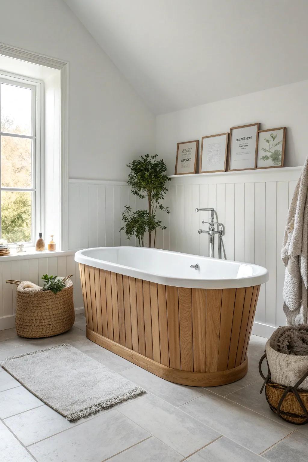 Clean board-and-batten tub skirt in white oak—farmhouse charm with crisp, modern lines.