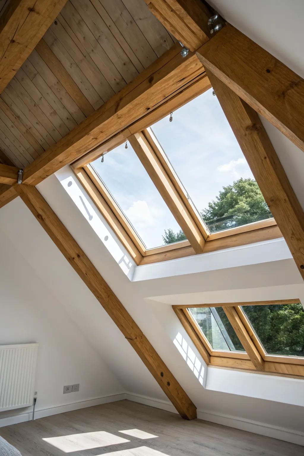 Crisp oak rafter framing turns skylight light into a warm, intentional focal point.
