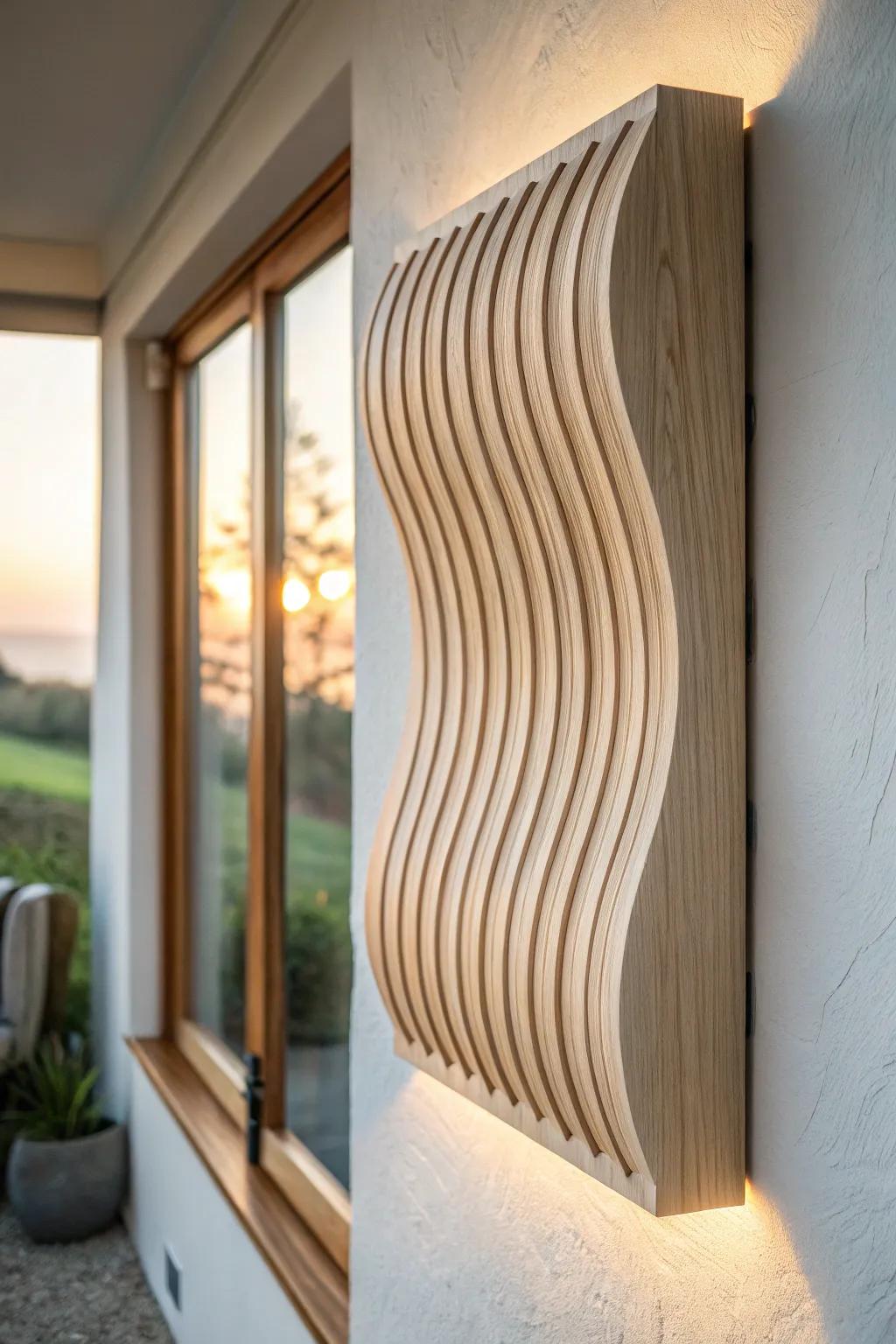 Kerf-bent wavy wood wall art—soft like fabric from afar, rich wood grain up close.
