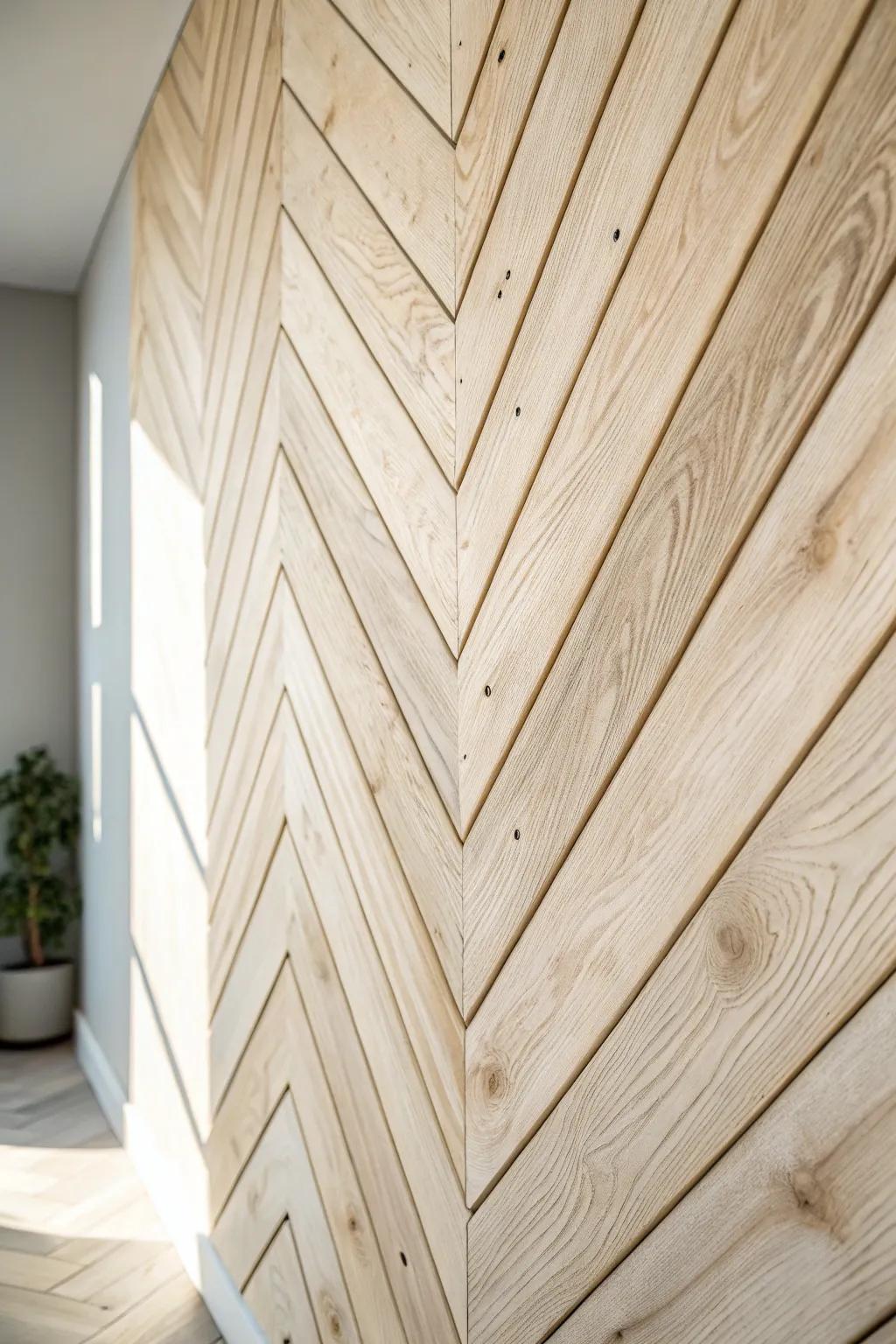 Warm chevron plank feature wall—Scandi minimalism with a soft boho, handcrafted statement.