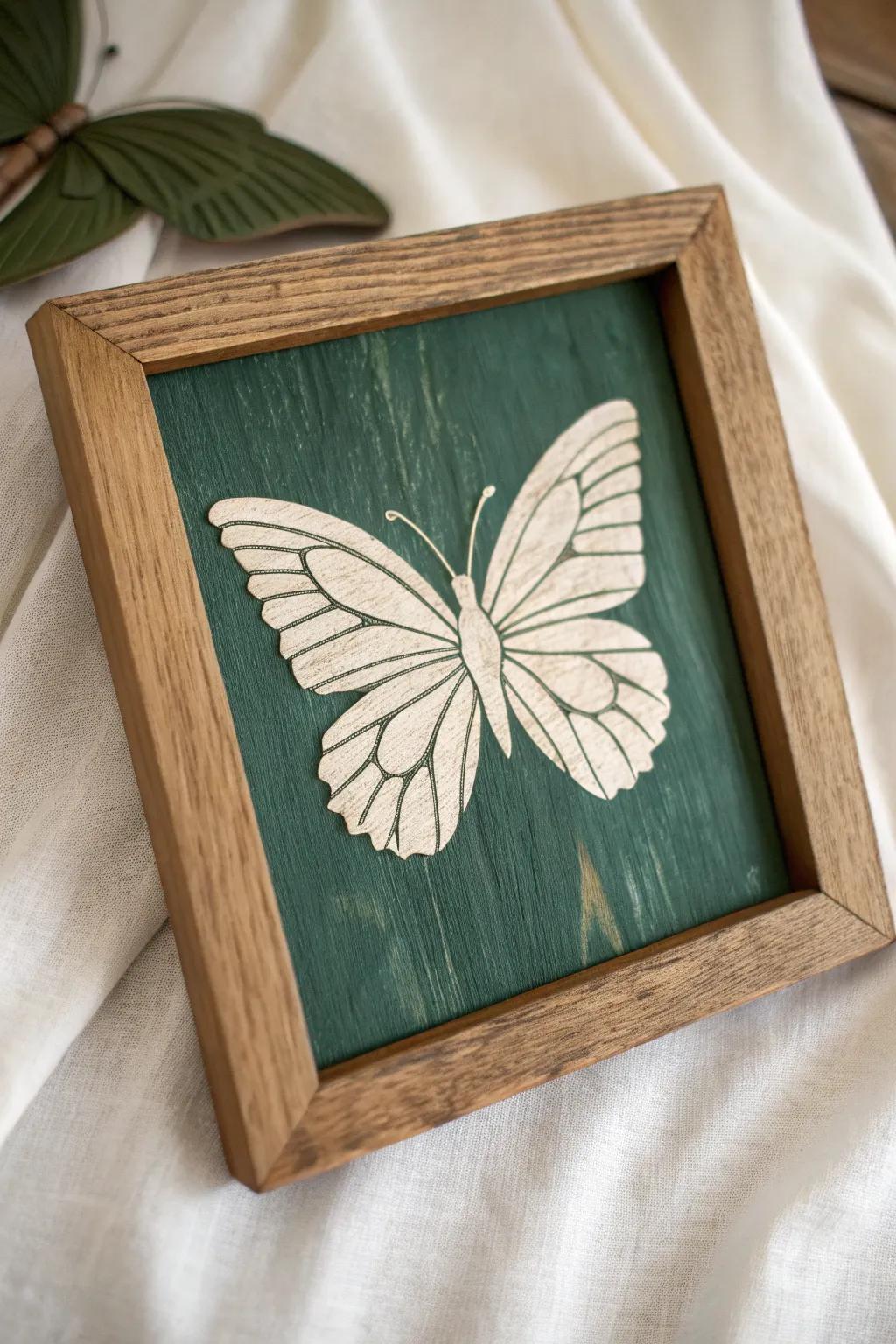 Crisp negative-space butterfly on natural wood—made with painter’s tape for a pro finish.