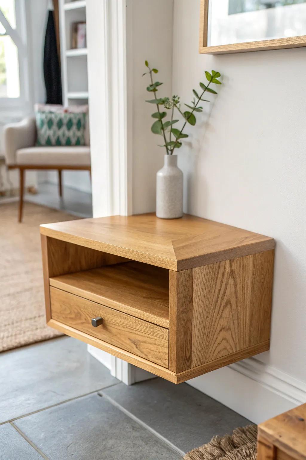 Floating corner table shelf: warm oak, hidden cleats, a chic perch for the smallest spaces.