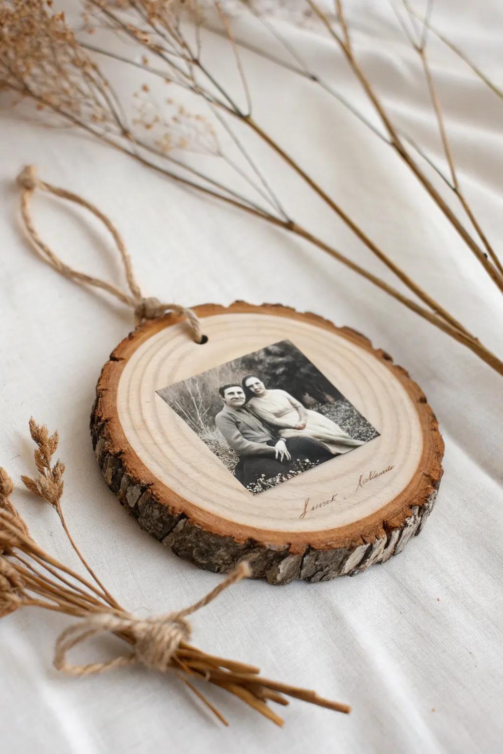 Vintage black-and-white photo transfer on a birch wood slice—simple, warm, and heirloom-worthy.