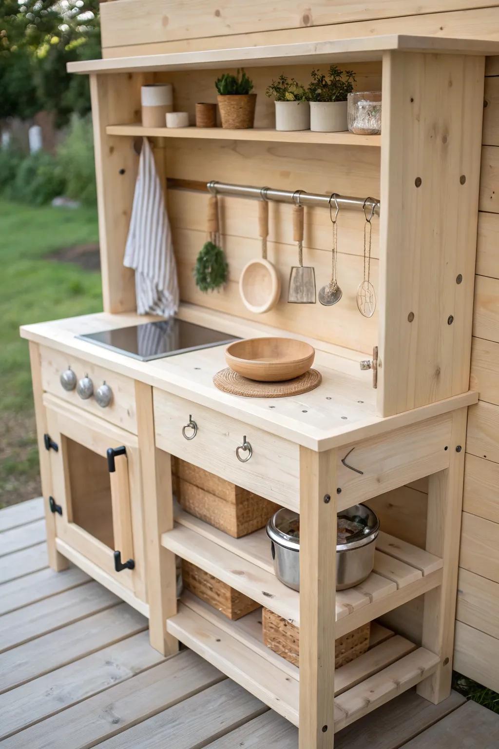 A bolt-on wooden mud kitchen that turns a simple playset into all-day pretend play