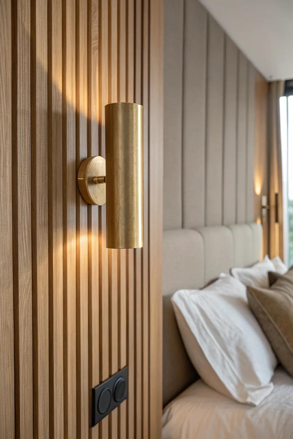 Warm side lighting turns simple wood slats into a luxe, cozy bedroom feature wall.