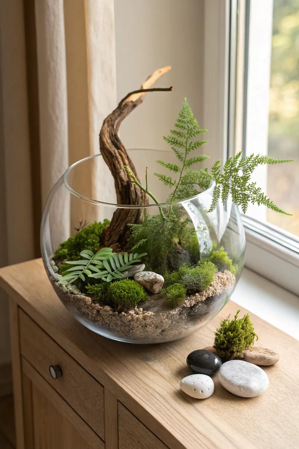 A mossy glass terrarium with twisty driftwood—your own tiny forest scene for the shelf.