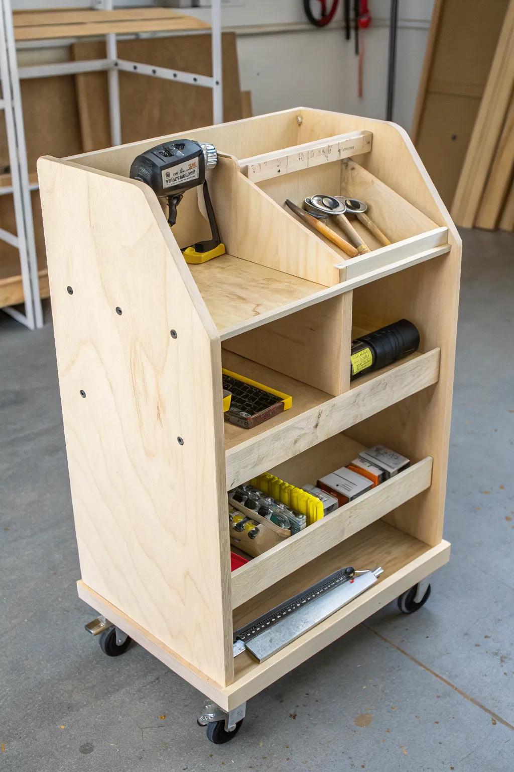 Simple work zones: one rolling cart keeps cutting, sanding, assembly & finishing tools within reach.