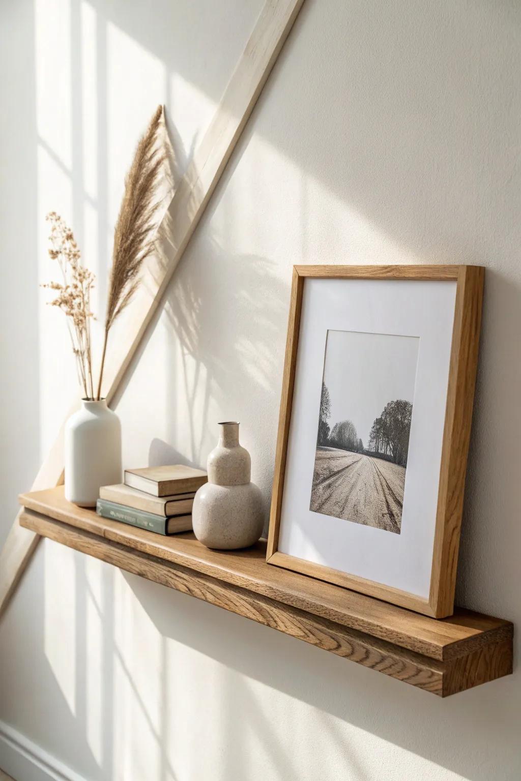 Minimal oak picture ledge with a slim front lip—swap frames anytime without a cluttered wall.