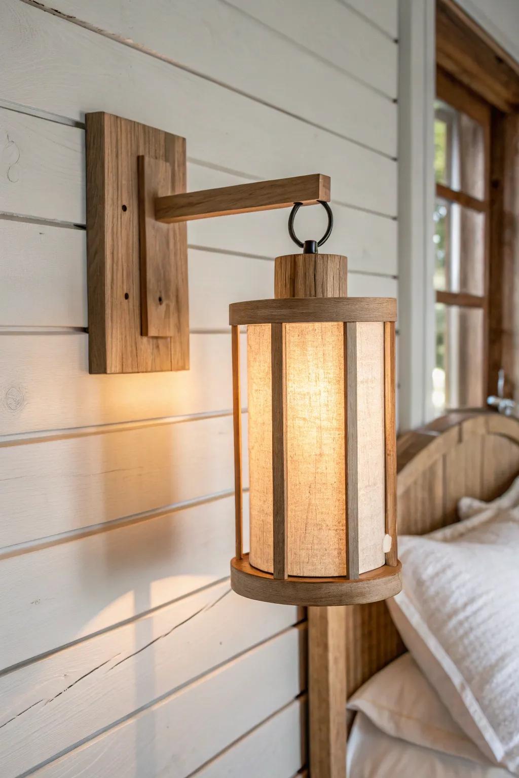 Lantern-style oak sconce with a warm amber glow—makes wood grain look deeper and cozier.