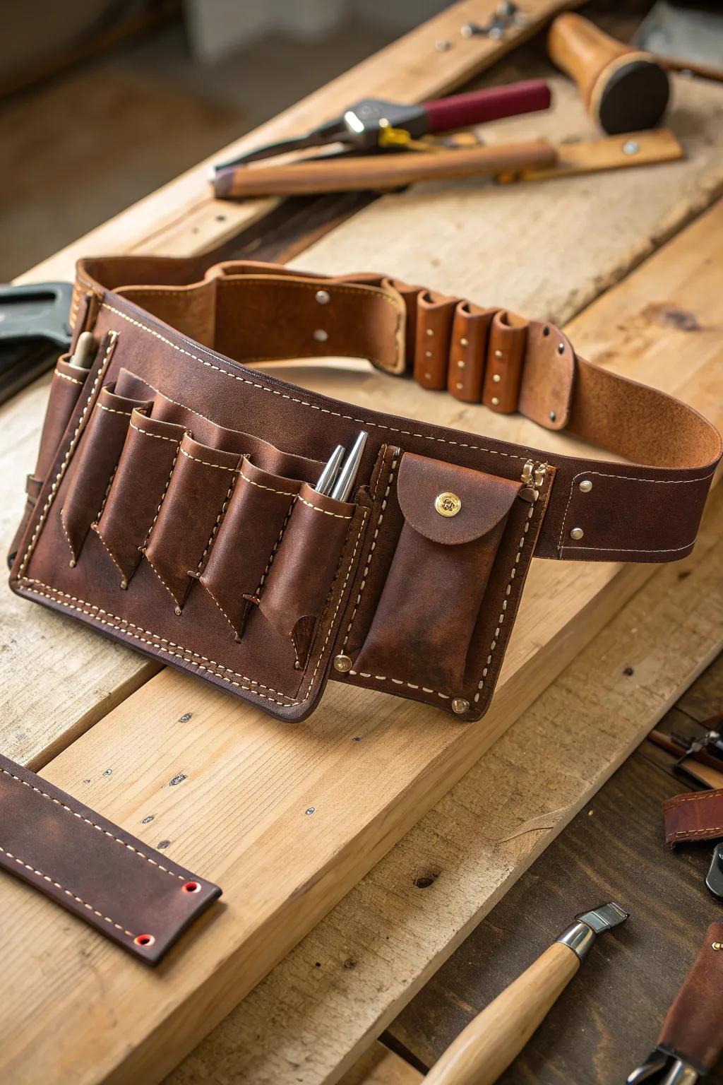 Craftsmanship at its finest: A custom leather tool belt that blends style with utility.