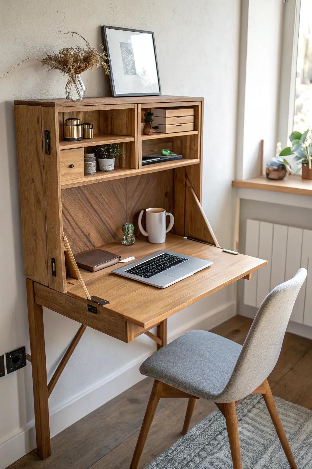 Space-saving fold-down wall desk in reclaimed oak—minimal, warm, and beautifully practical.