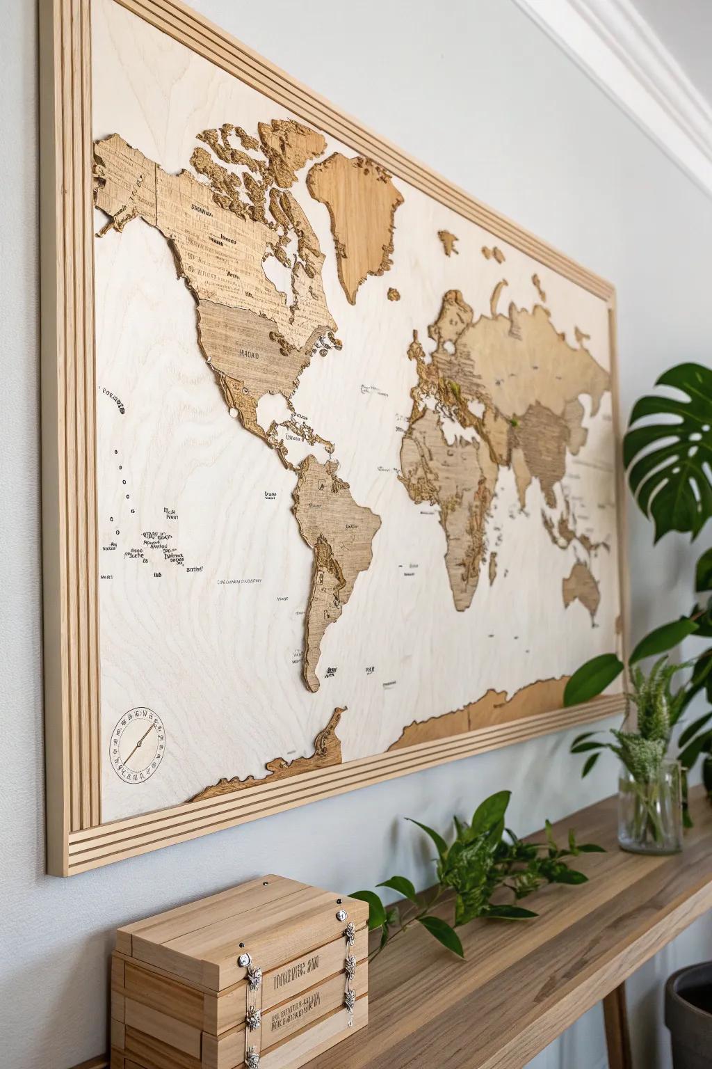 Layered plywood relief world map board—pin-friendly and beautifully tactile in natural birch.
