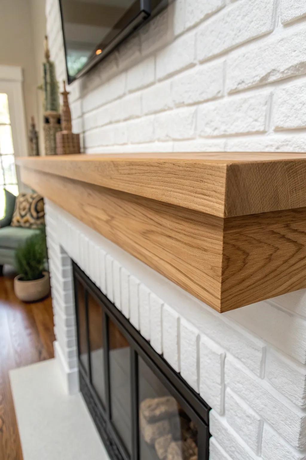 Live-edge mantel front with crisp square wrap returns—rustic warmth meets clean Scandinavian lines.