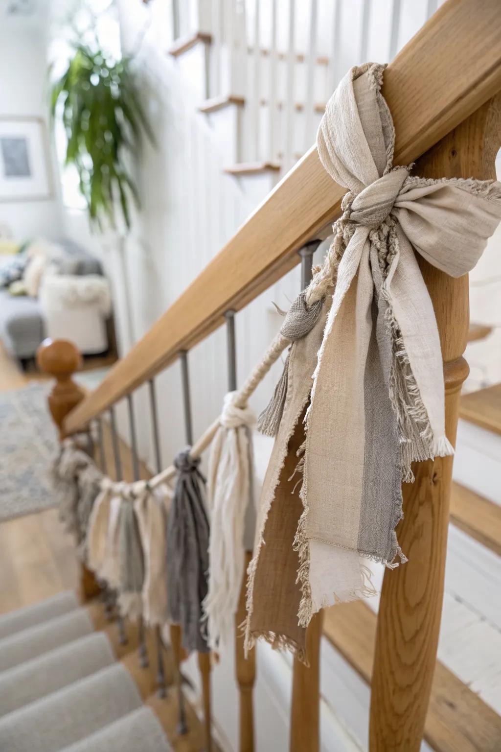 Neutral upcycled rag garland on a light-oak banister—boho texture that works year-round.