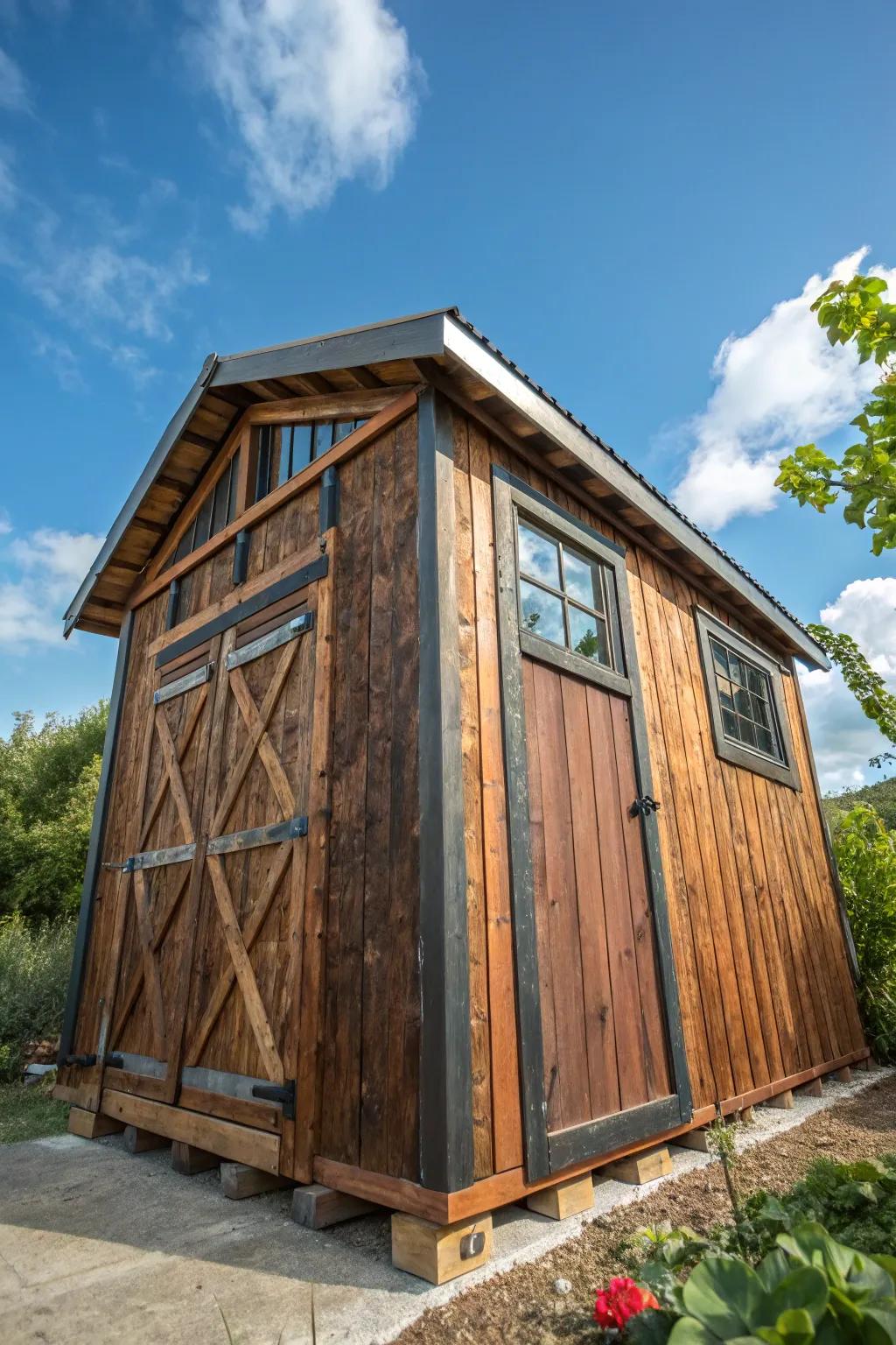 Craftsmanship meets sustainability: A striking shed built from recycled materials.
