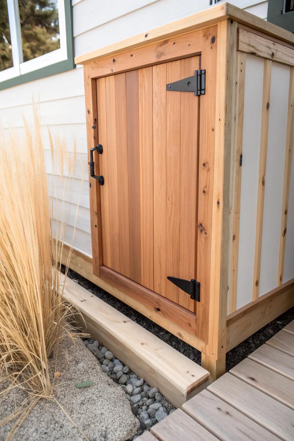 Raised tiny house foundation with sleek cedar-slat under-deck doors for hidden storage.