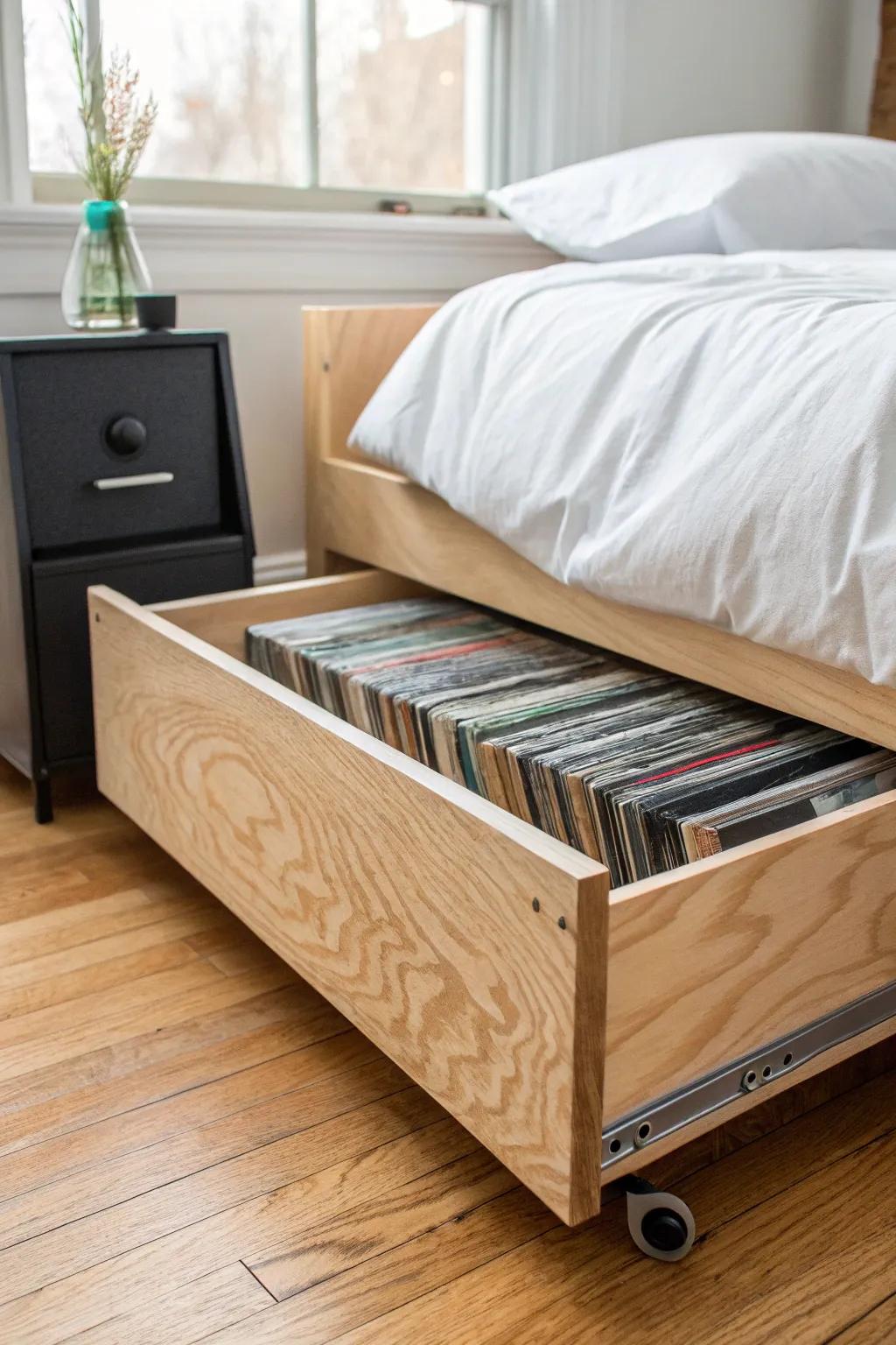 A sleek rolling under-bed record drawer in oak—compact, secure, and surprisingly spacious.