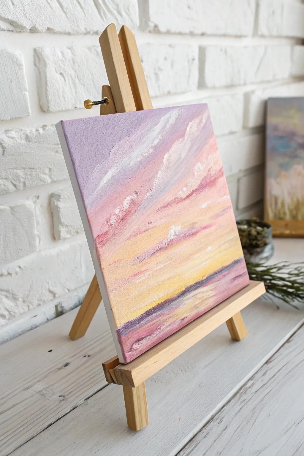 Embrace the serenity of an abstract sunrise, delicately painted in soothing pastels.
