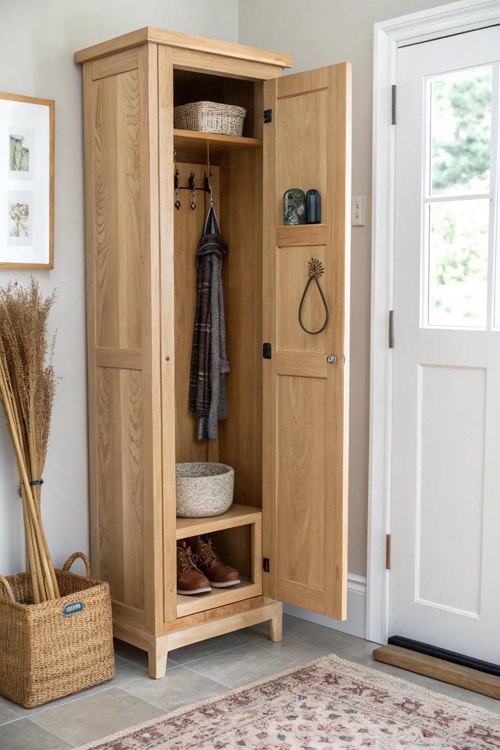 A slim 9-inch oak pet cabinet keeps treats, leashes, and brushes beautifully organized.