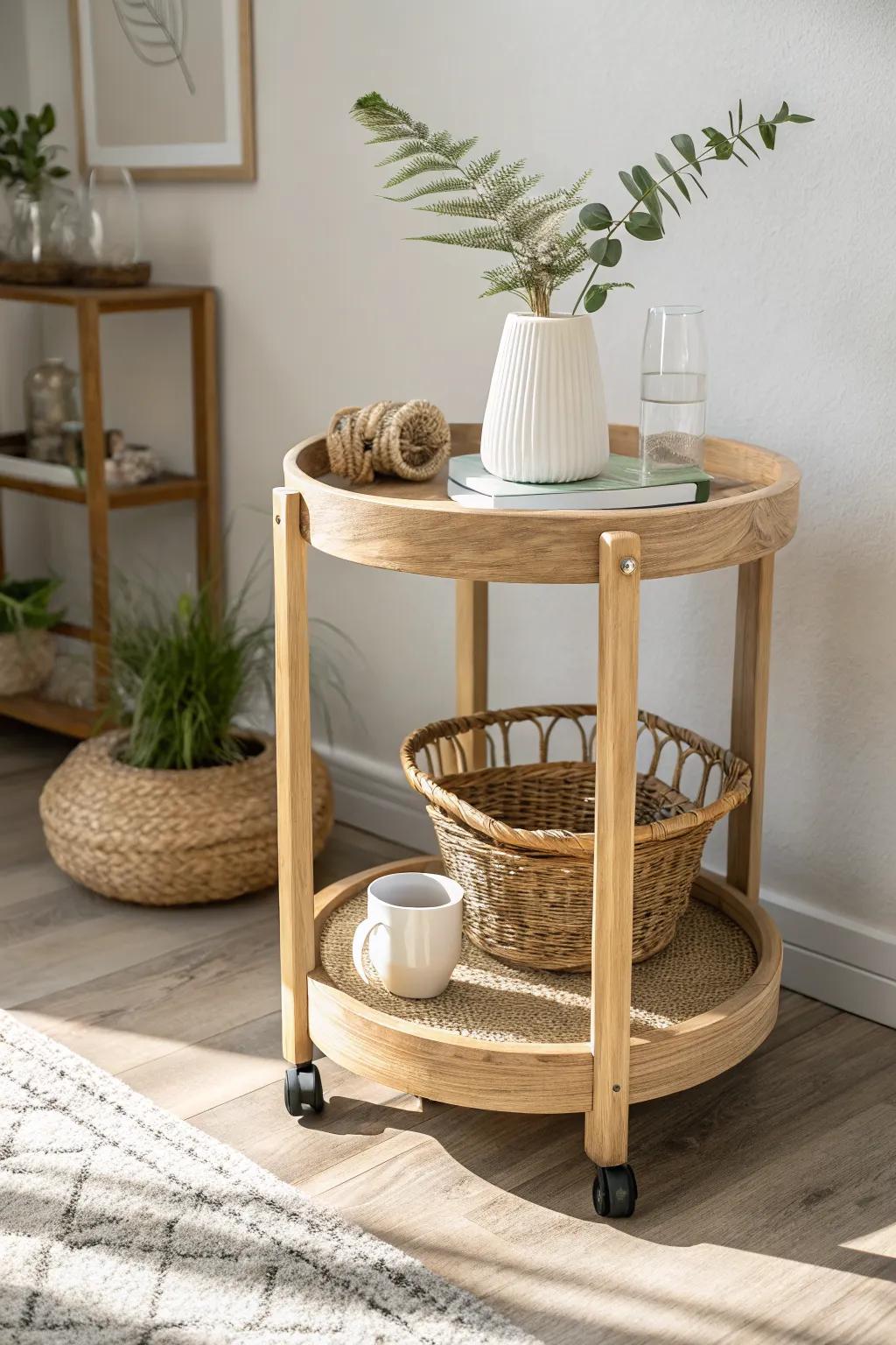 A rolling oak cart becomes a chic accent table—tray up top, baskets below for calm storage.