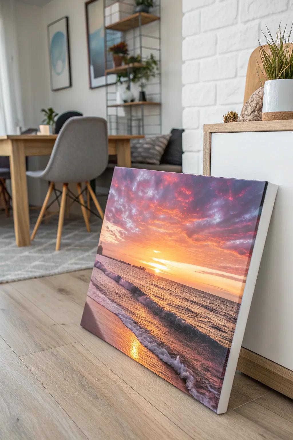 Embrace the serene beauty of a sunset over the ocean, where warm and cool tones dance in harmony.