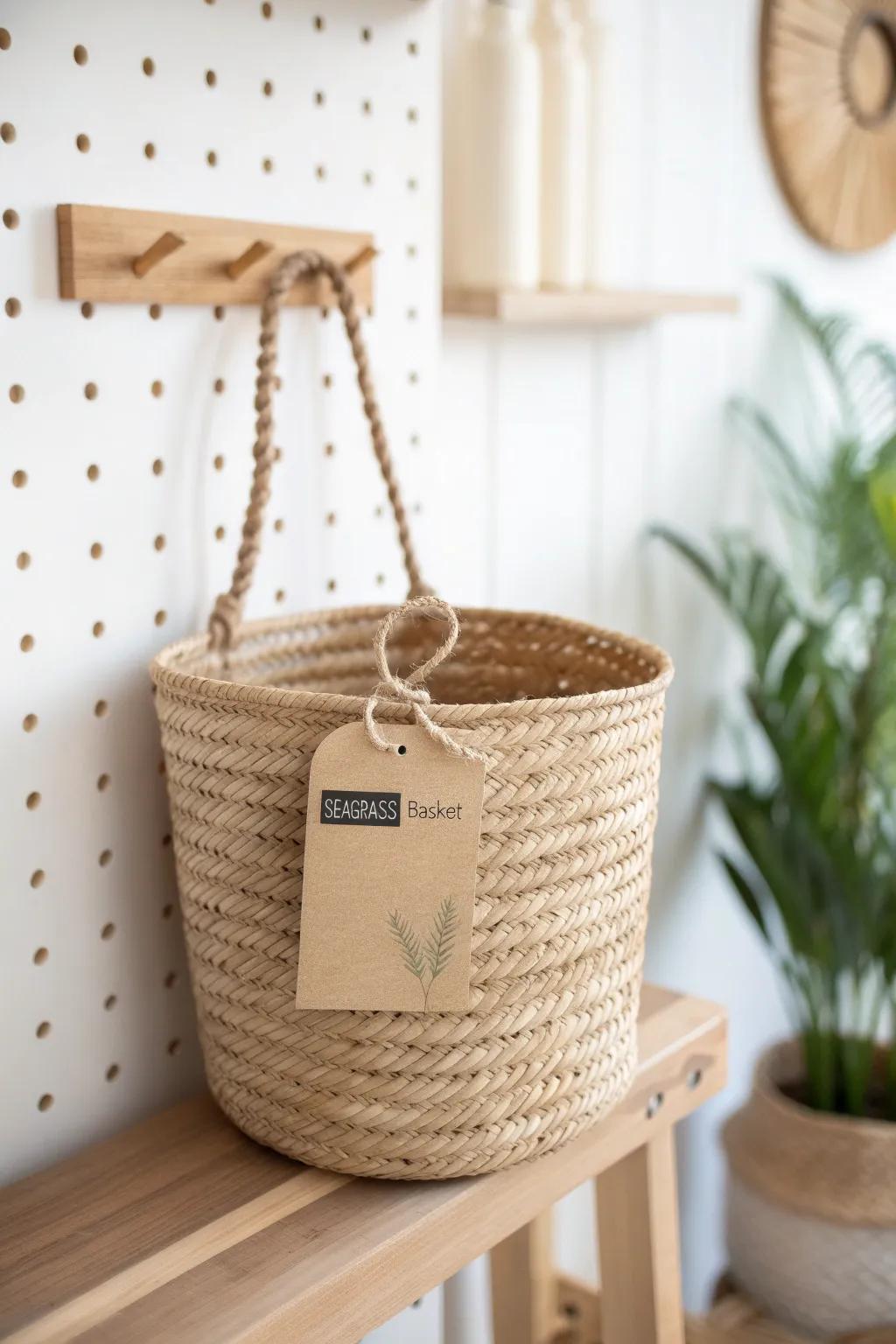 Woven basket + simple label on a wood pegboard for that tidy farmhouse pantry vibe.