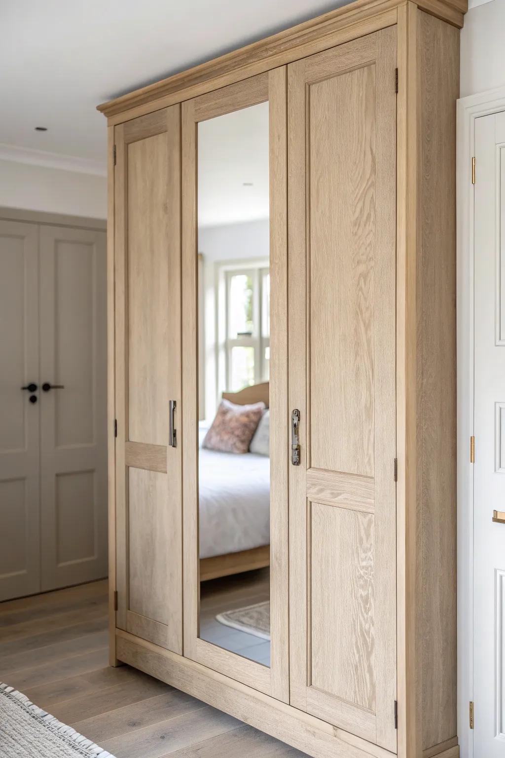 Hidden full-length mirror inside an alcove wardrobe door—sleek exterior, secret function inside.