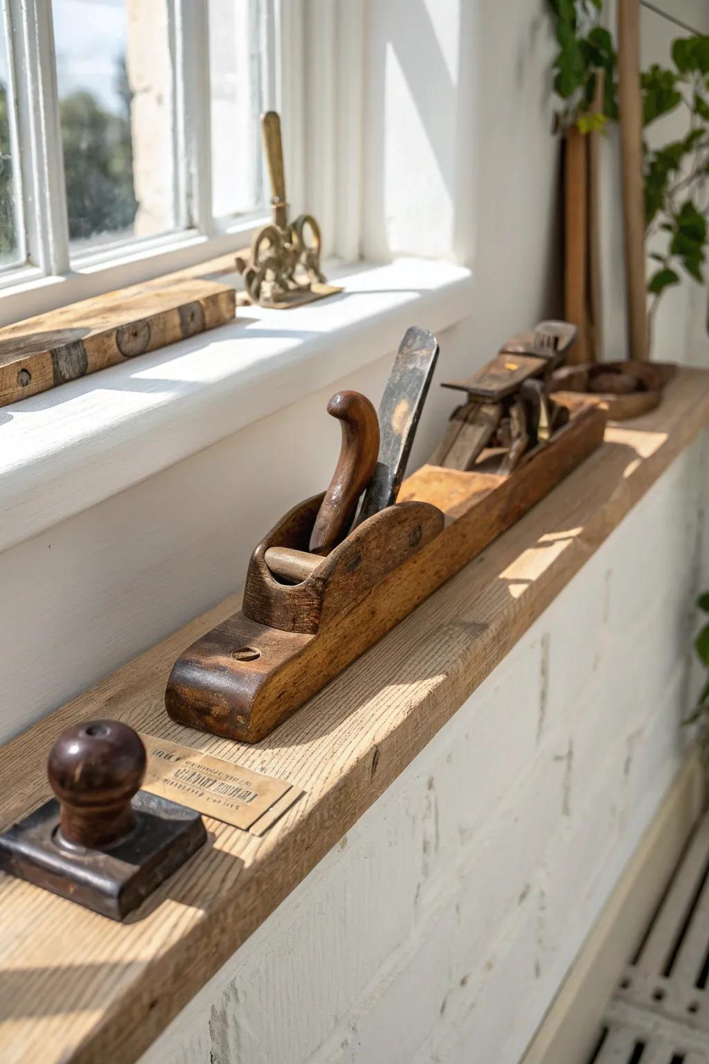 Antique hand tools lined up like art—aged wood, rusted steel, and brass on a clean oak shelf.