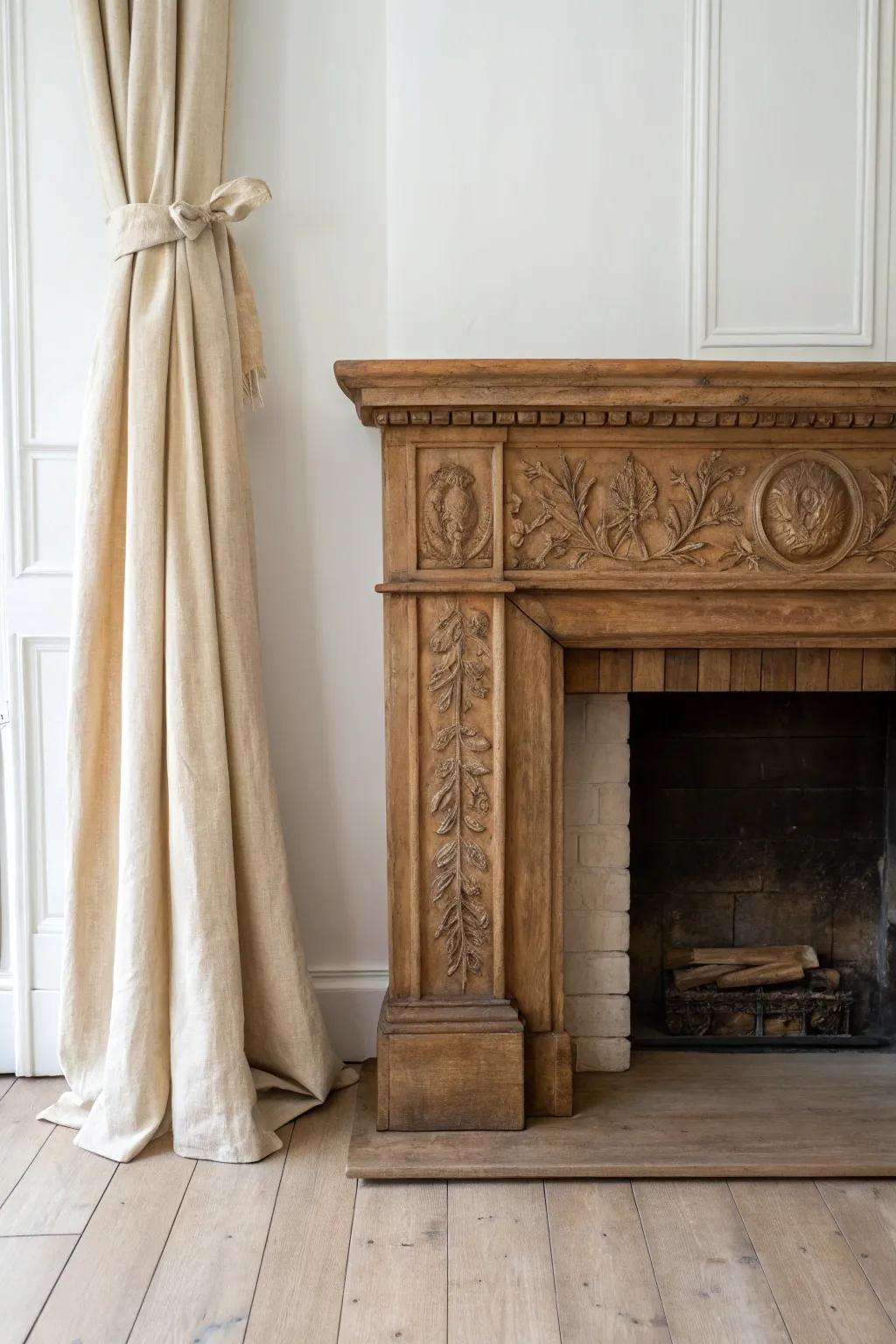 A cozy linen curtain softens an antique mantel—minimal, warm, and beautifully timeless.