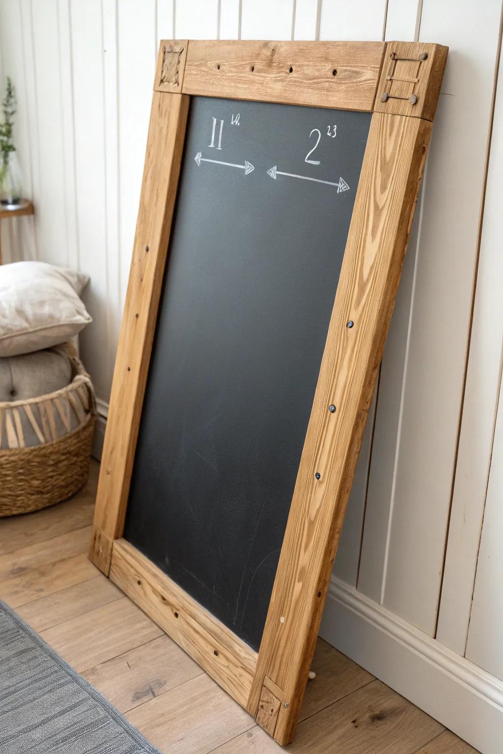 A scrap-wood chalkboard backdrop adds instant charm—just lines, numbers, and arrows for antiques.