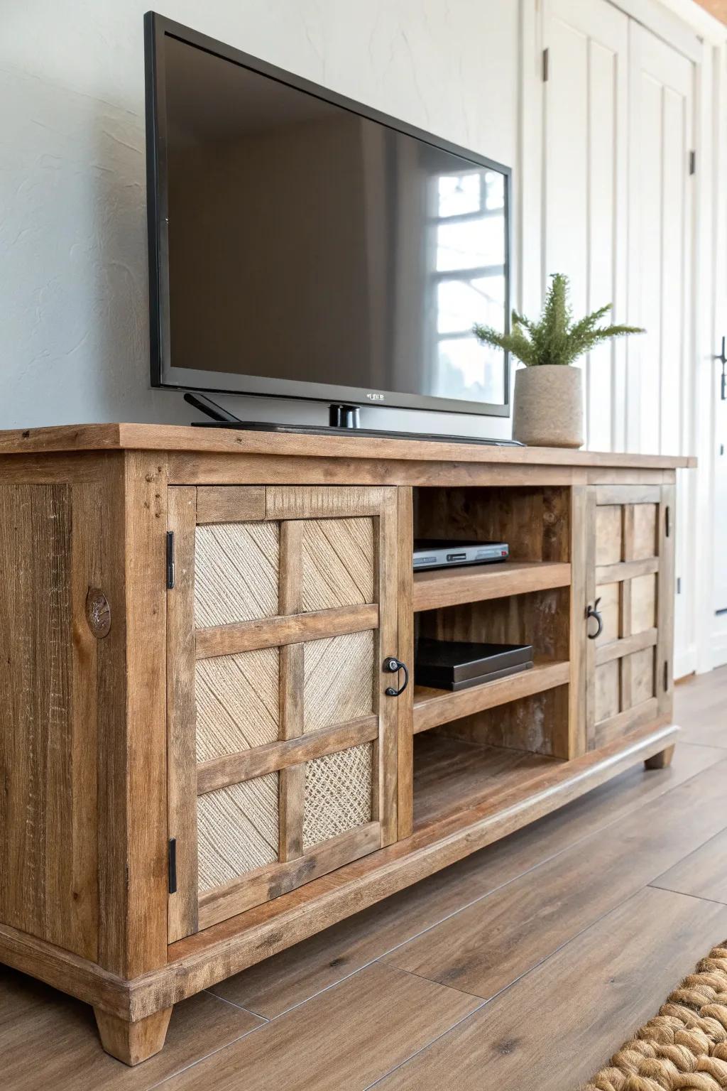 Salvaged door panels turn this antique TV stand into a textured, one-of-a-kind showpiece.