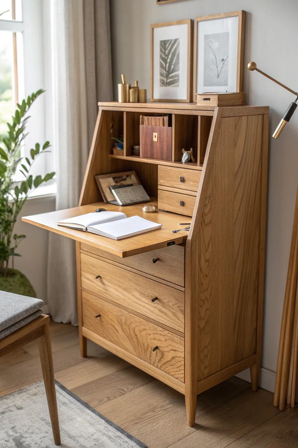 A sideboard by day, a calm workspace by night—hidden fold-down desk in reclaimed wood.