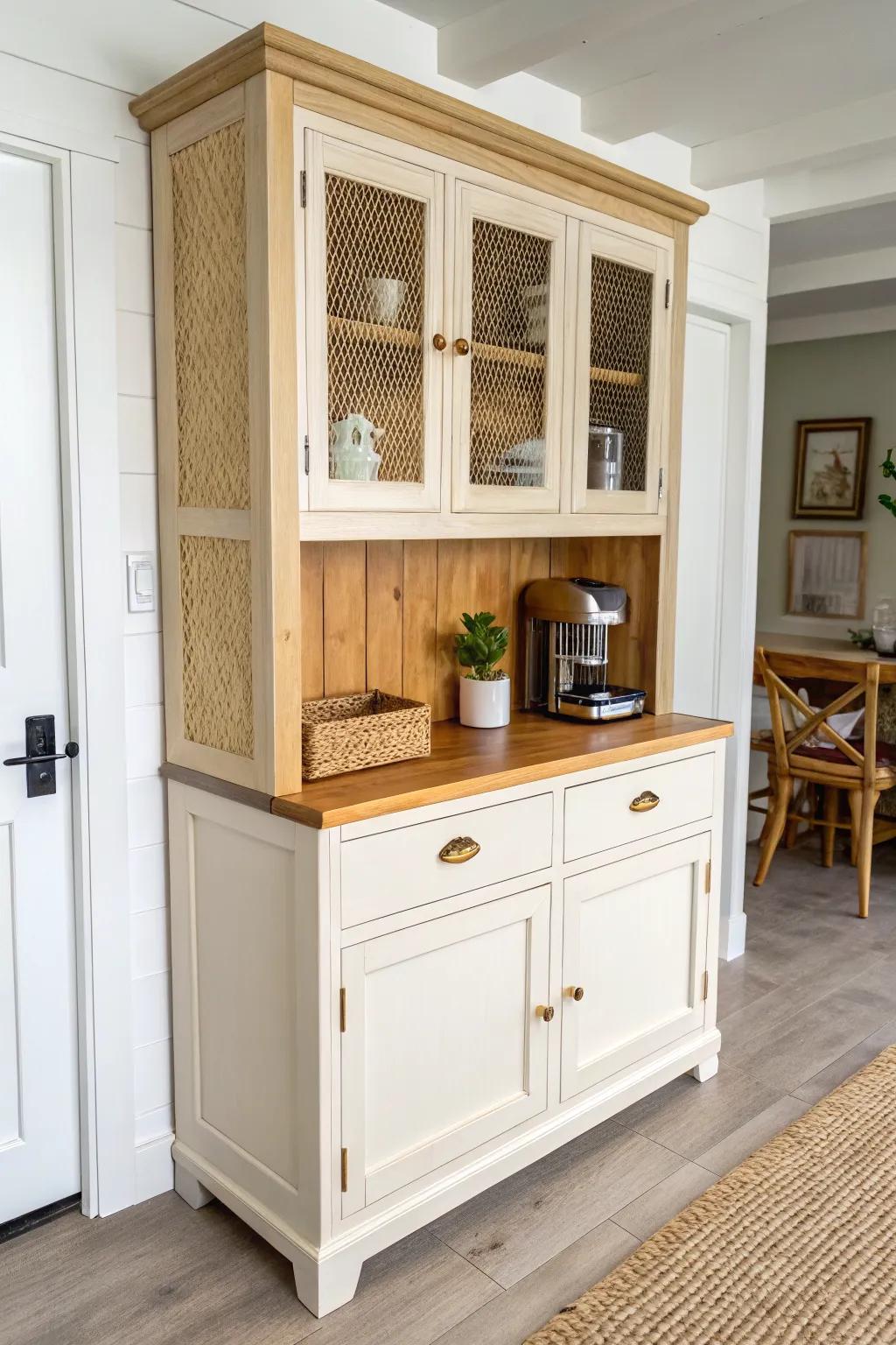 Upcycled hutch becomes a sleek appliance cabinet—warm wood, cane doors, hidden coffee station.