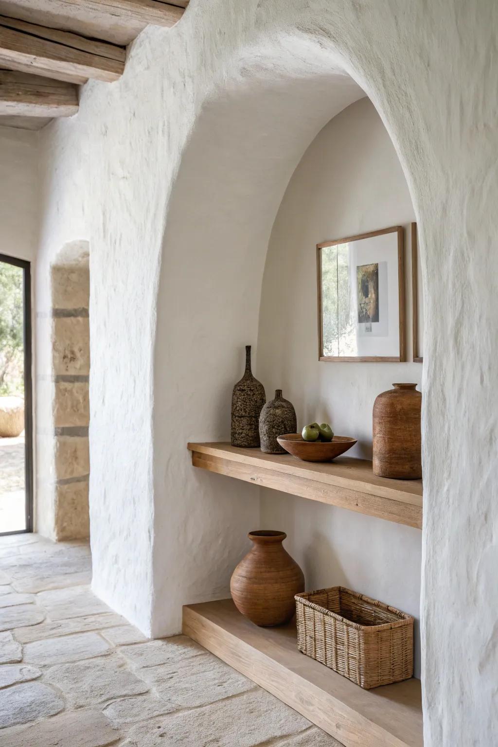 A layered archway moment: a handcrafted oak shelf tucked into a niche just beyond the curve.