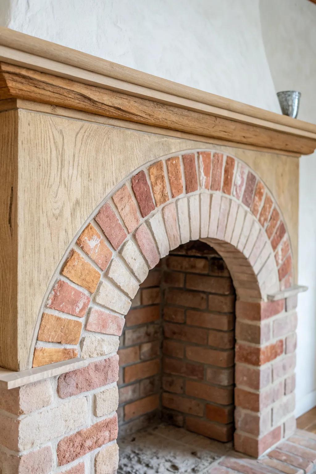 Reclaimed brick arch paired with a slim oak lintel—rustic texture in a clean, airy look.
