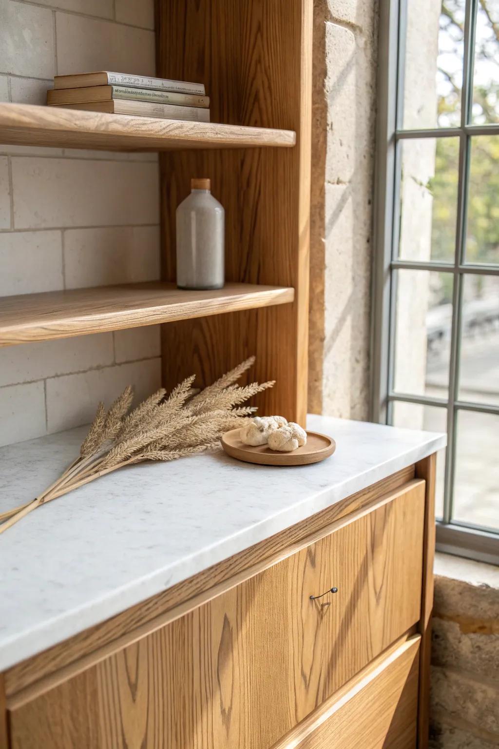 Heat-safe elegance: a marble or tile-inset shelf that keeps your armoire coffee bar spotless.