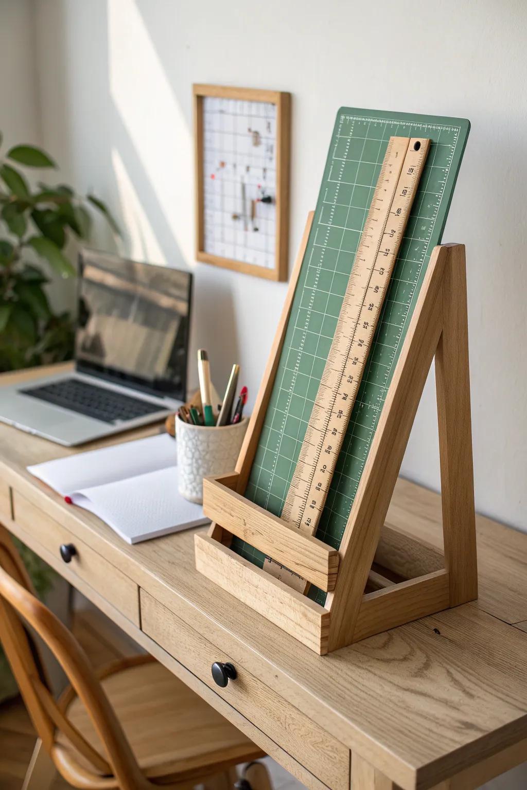 A slim side-slot rack keeps mats and rulers upright, protected, and beautifully within reach.