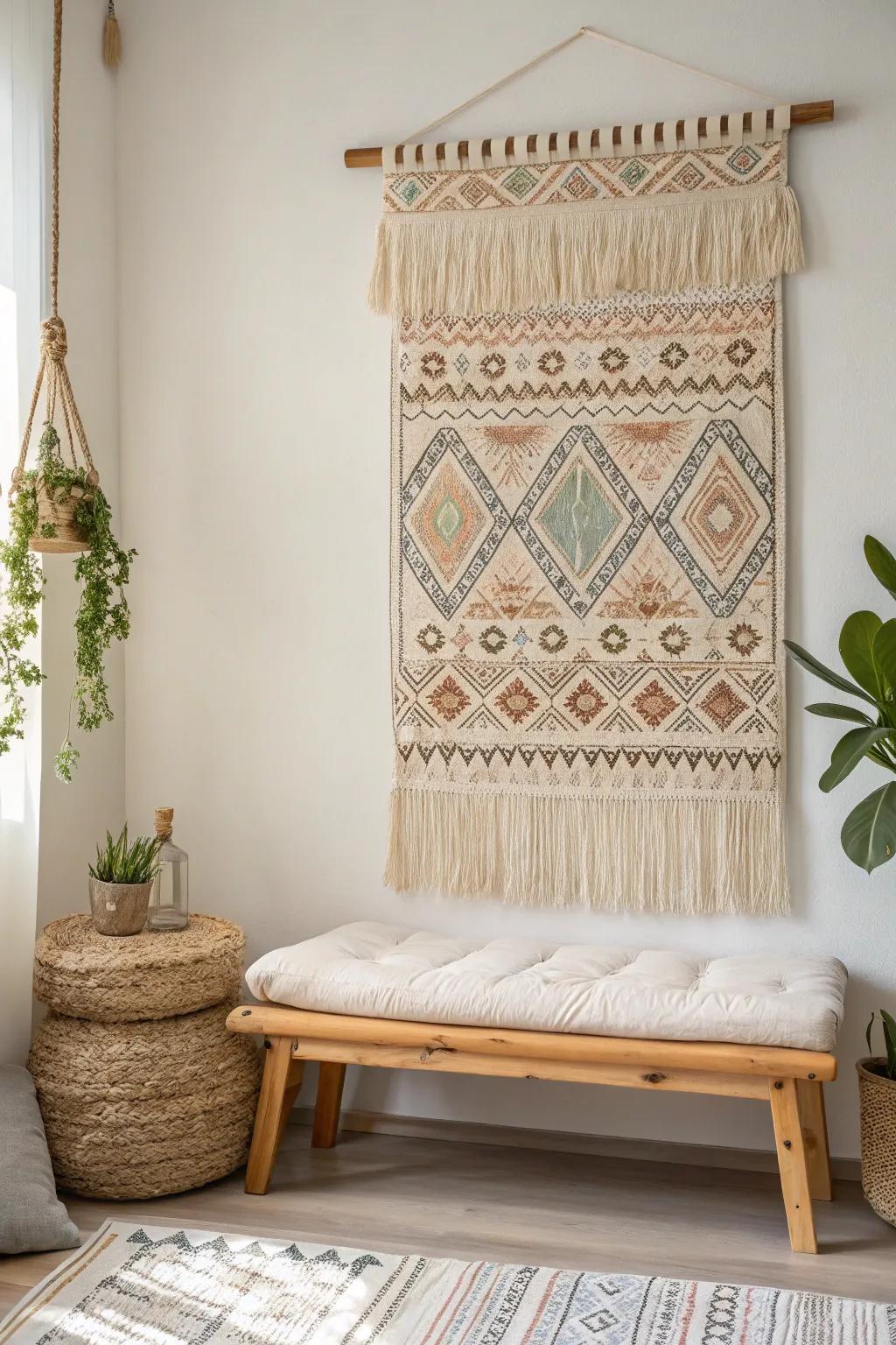 Add a touch of warmth and texture to your bedroom with a handcrafted woven tapestry.