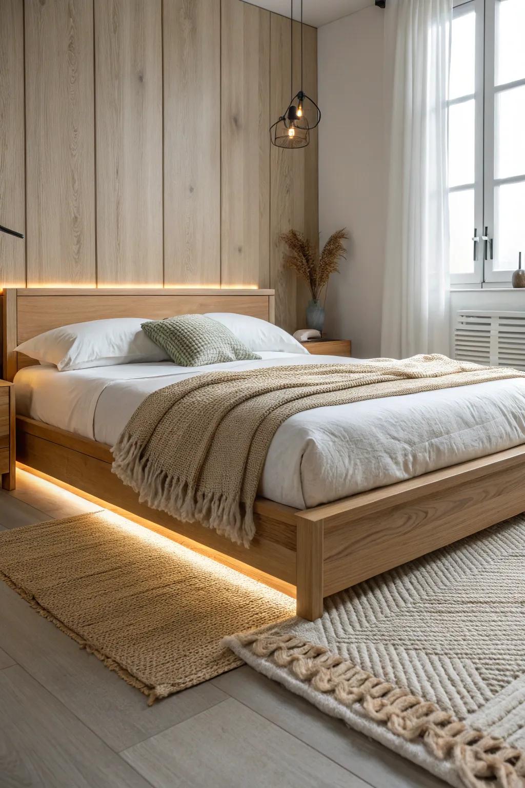 Hidden under-bed glow turns a simple oak platform into a calm, floating Asian-inspired retreat.