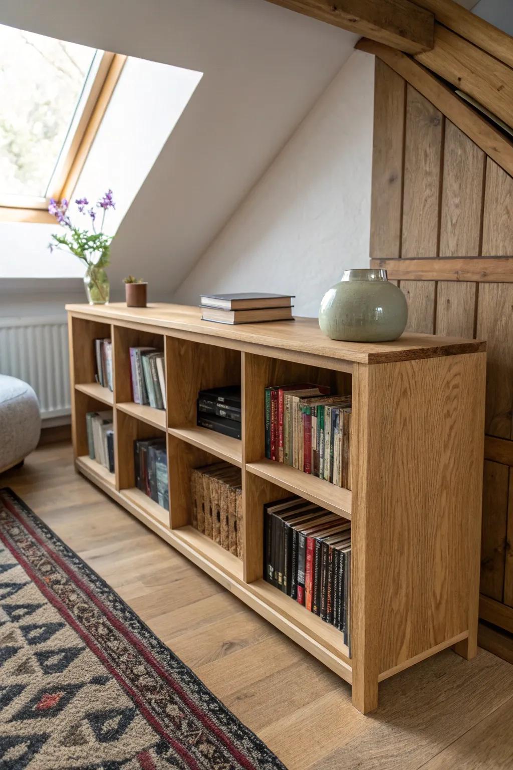 Low oak base shelves make an attic library feel cozy—perfect for rugs, cushions, and quiet reads.