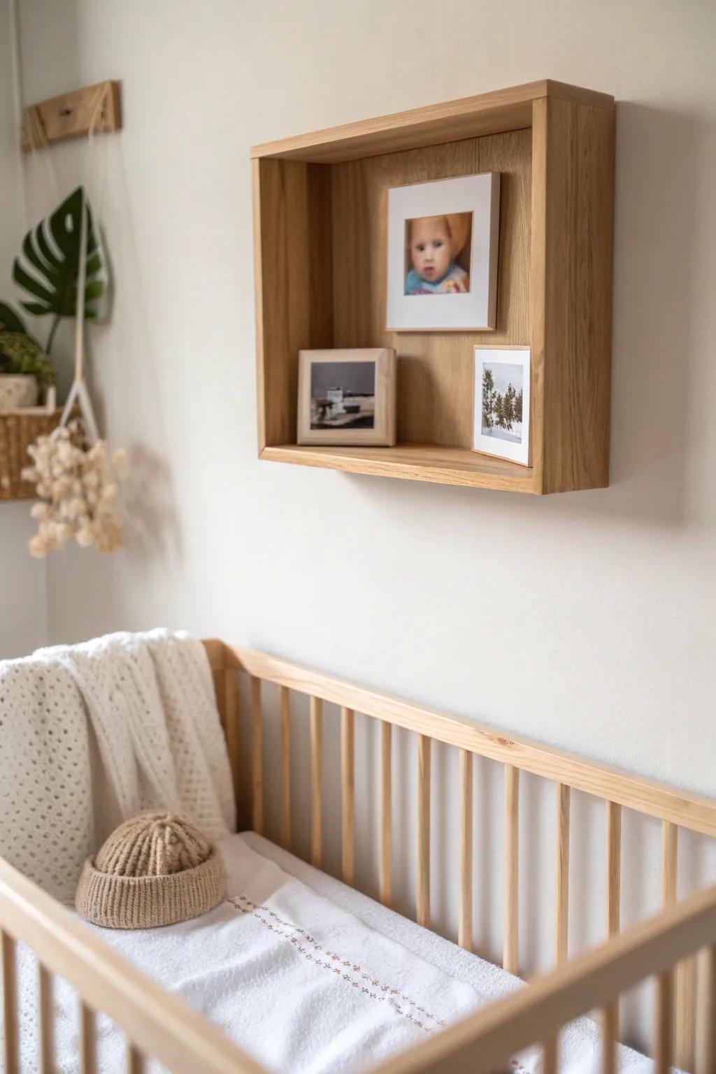 A deep oak shadow box turns baby’s first mementos into calm, minimalist wall art.
