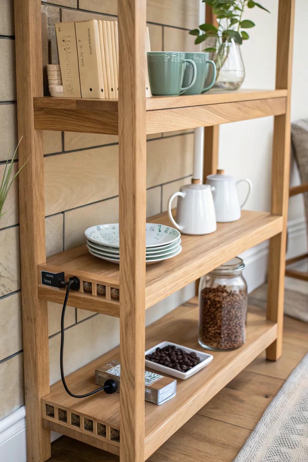 A hidden cord channel keeps your baker’s rack coffee bar clean, calm, and clutter-free.