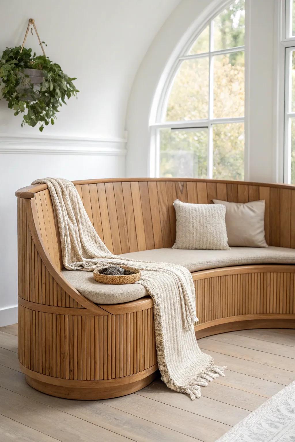 A sculptural curved wood banquette that turns a simple dining nook into a statement.