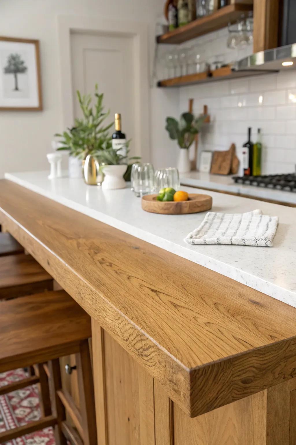 Warm oak bar top with a sleek stone prep strip—beauty for seating, easy-clean for mixing.