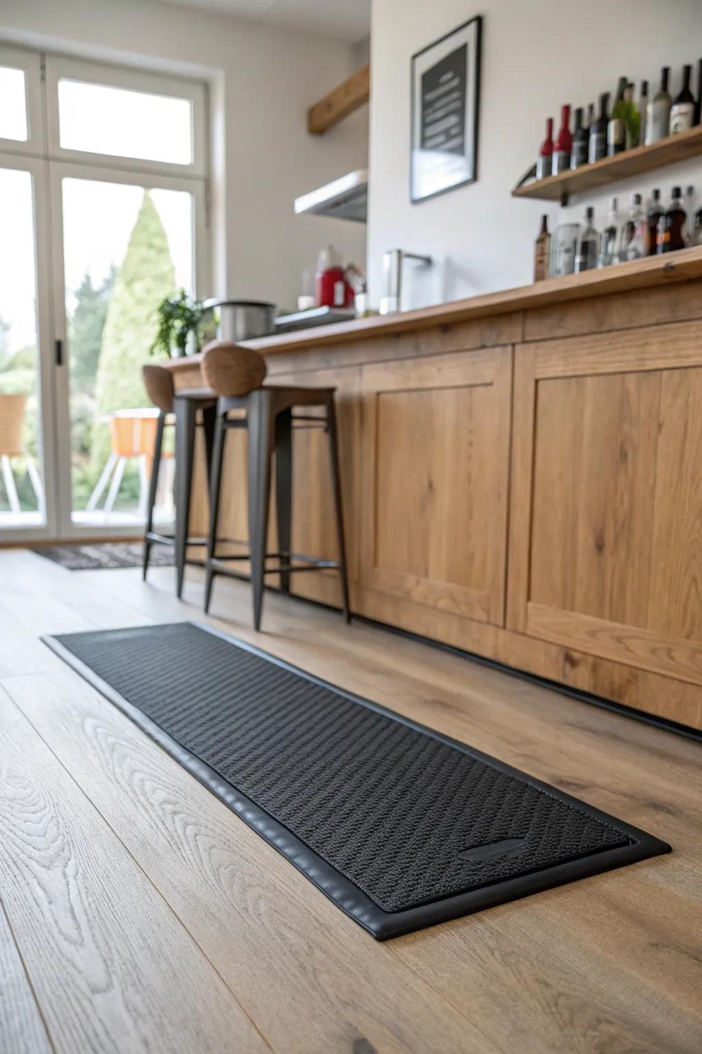 Charcoal rubber mat on light oak—soft on knees, sleek in a minimalist bar workspace.