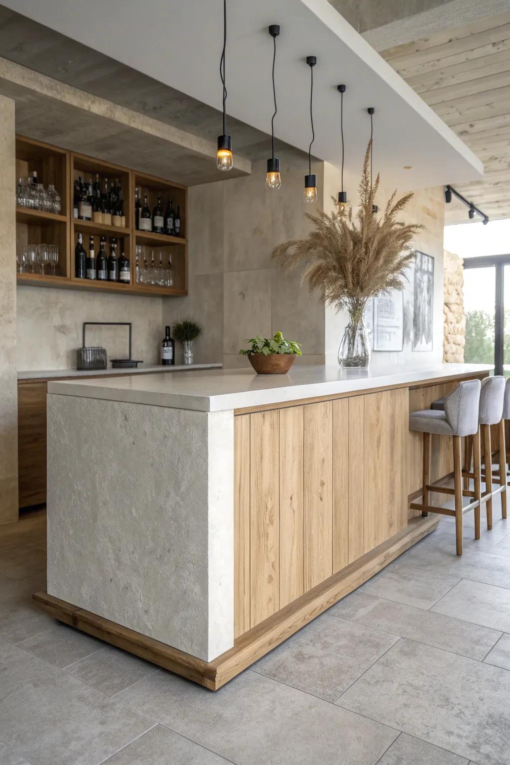 Stone-look top + warm wood base: a luxe bar counter that stays cozy and minimalist.