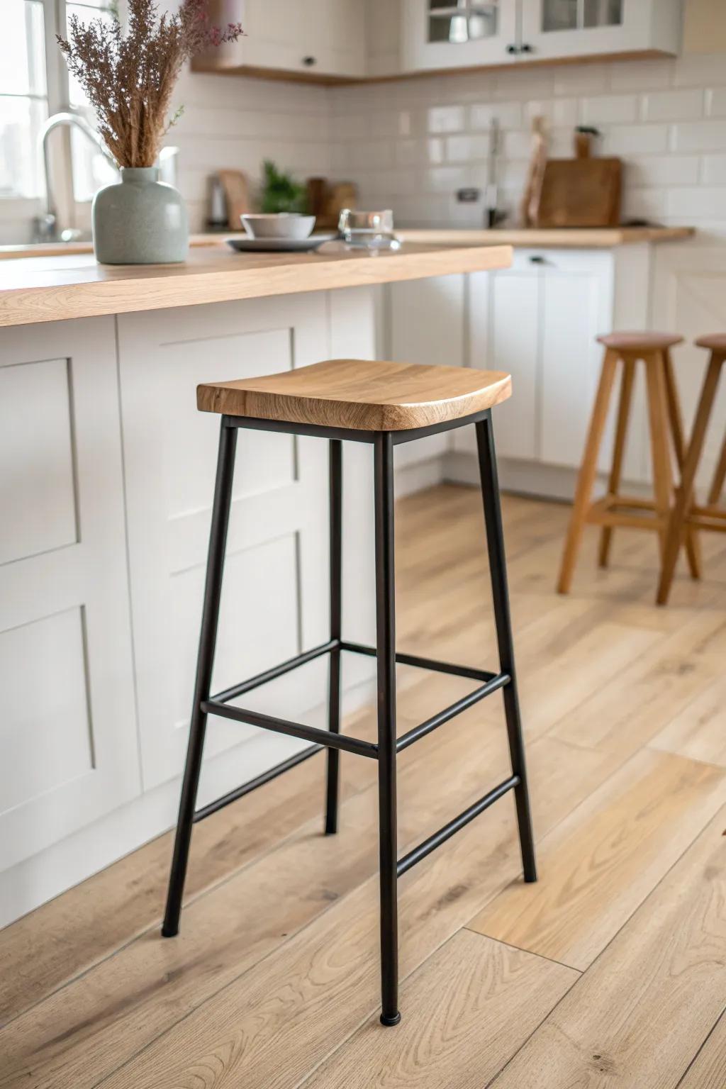 Matte black metal frame + warm oak seat—light, grounded, and perfect for a white kitchen.