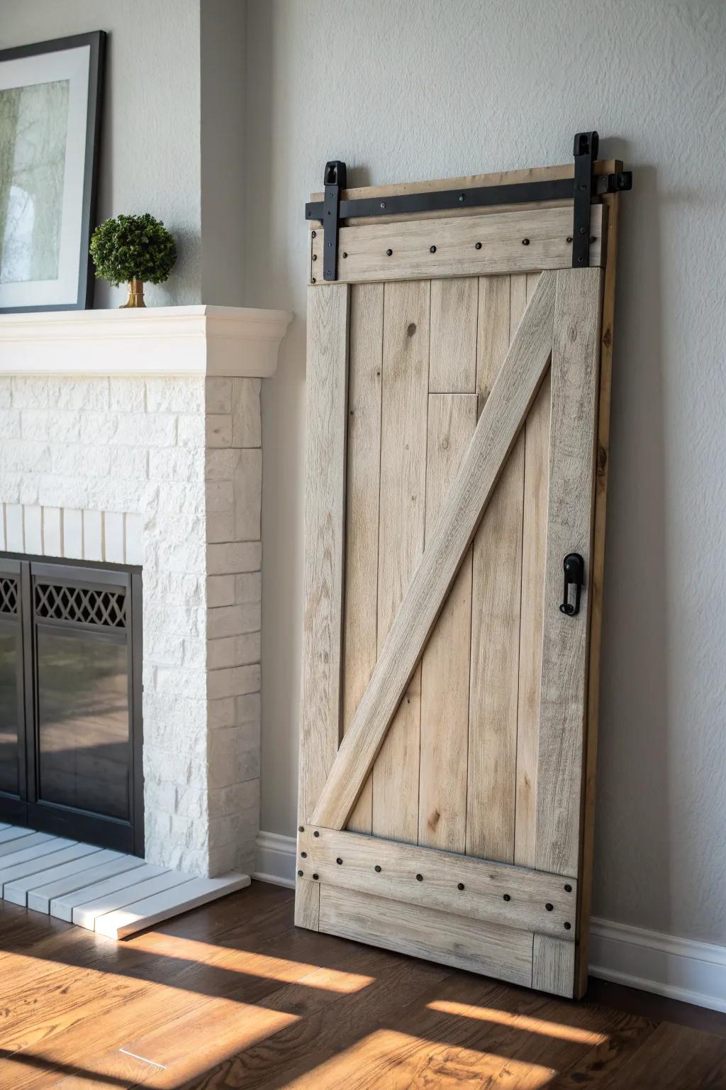 Layer your mantel with a mini barn door for instant texture, contrast, and cozy charm.